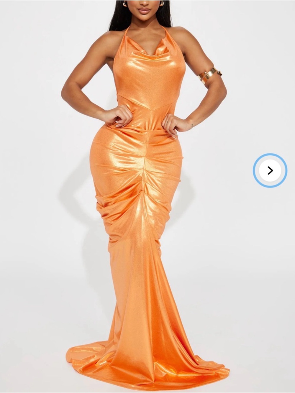 Fashion Nova Satin Cowl Halter Ruched Orange Maxi Dress
